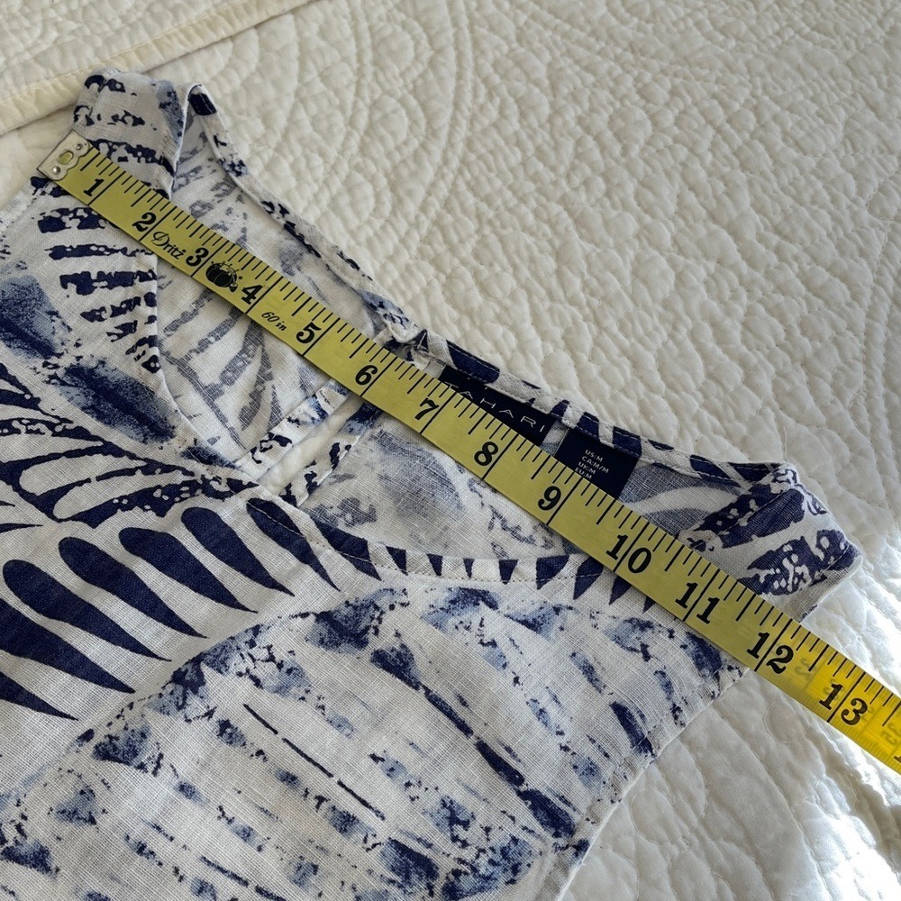 100% Linen Dress Women's Medium Sleeveless Pockets Print Blue White Beach Flare - Picture 8 of 16